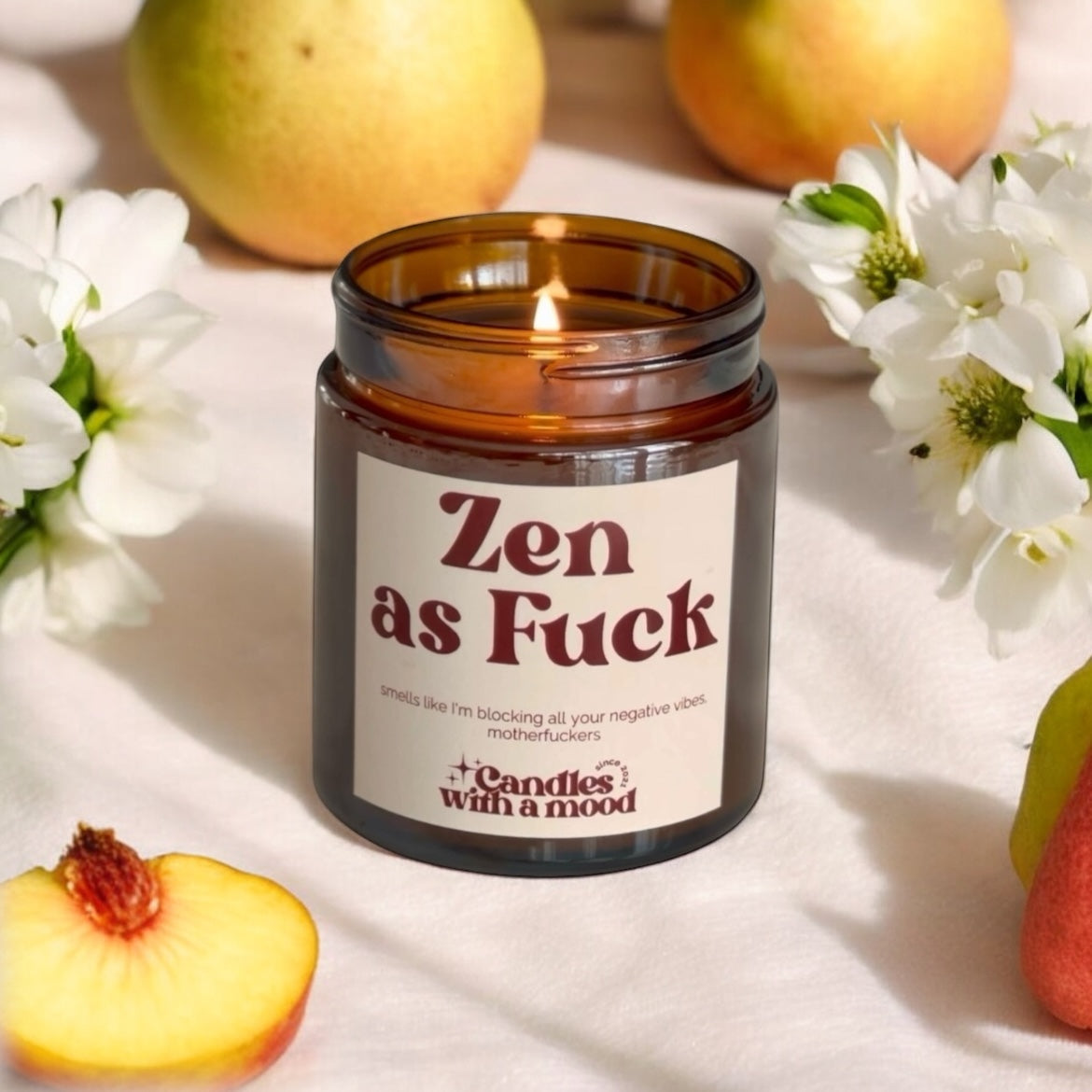 Lumânare parfumată din ceară de soia ZEN AS FUCK peach - pear - freesia - french vanilla 250g