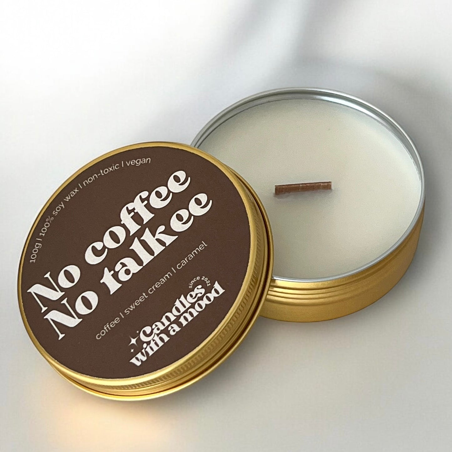 Lumânare parfumată din ceară de soia NO COFFEE NO TALKEE coffee - sweet cream - caramel 100g