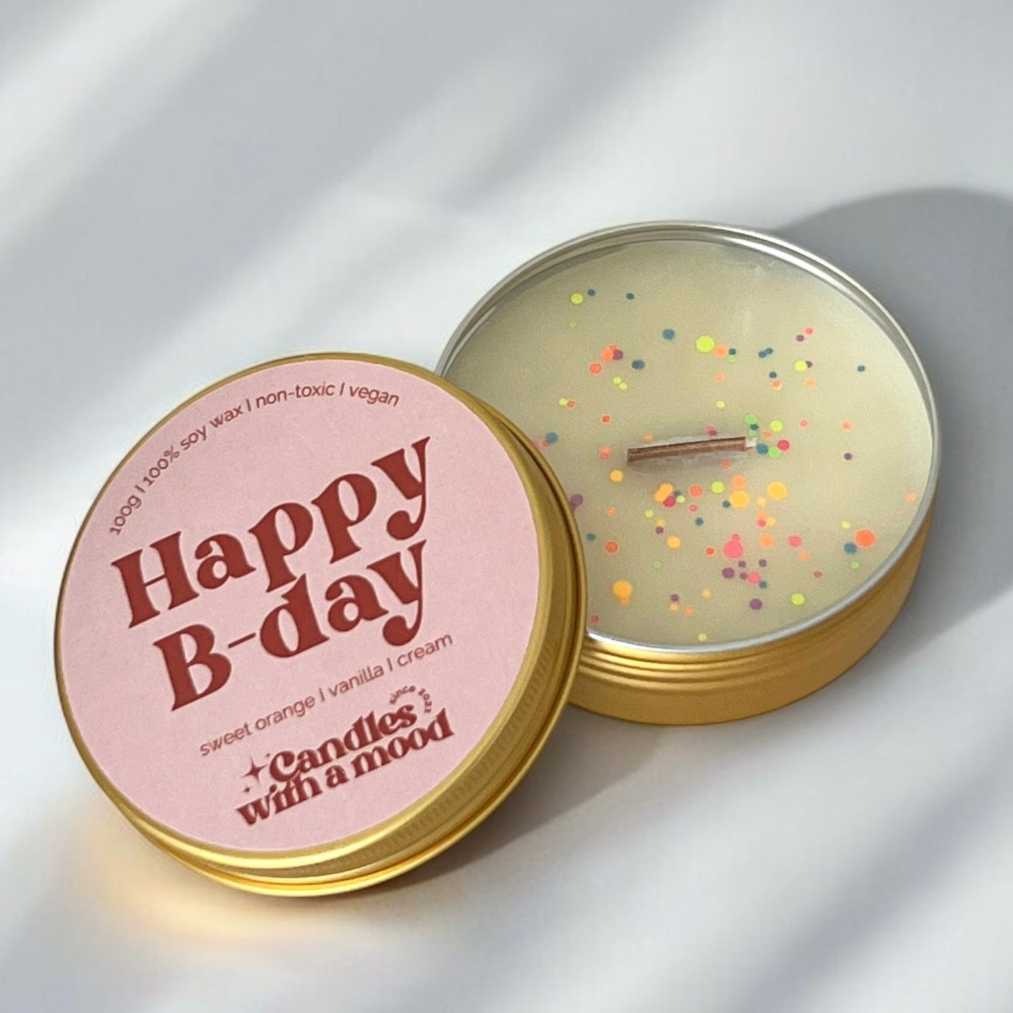 Lumânare parfumată din ceară de soia HAPPY B-DAY sweet orange - vanilla - cream 100g